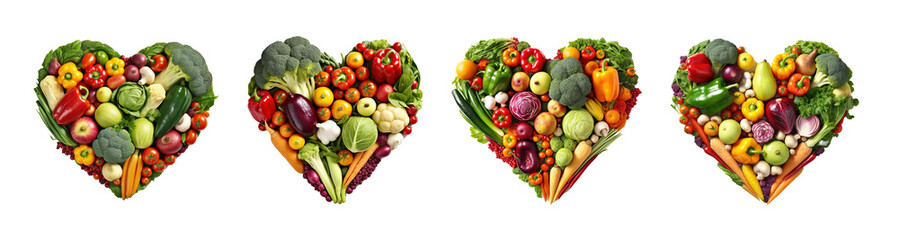 Collection of set Heart shape made of different vegetables isolated on transparent background. PNG file, cut out - obrazy, fototapety, plakaty