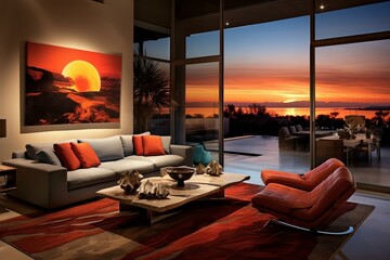 warm inviting room with contemporary design during sunset. Generative AI