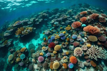 Create an aerial view of a vibrant, multi-colored coral reef in the middle of a pristine ocean - obrazy, fototapety, plakaty