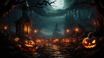Fototapeta na wymiar Generative ai illustration of Halloween pumpkin head jack lantern