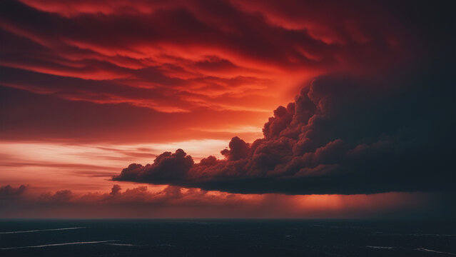 Thick clouds on the surface of the earth in the red sky