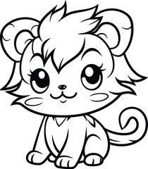 Black and White Cartoon Illustration of Cute Little Lion Animal Character Coloring Book