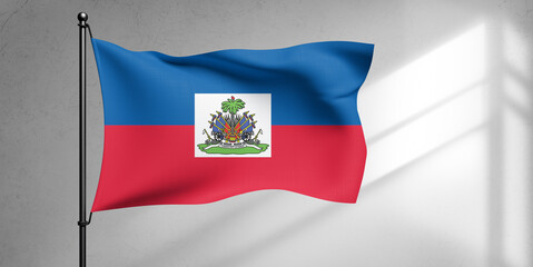 Haiti national flag cloth fabric waving on beautiful sky Background.