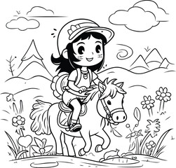 Girl riding a horse in the meadow. Black and white vector illustration