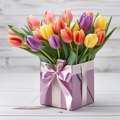 Multi-colored delicate tulips in a festive pink box. A bouquet of tulips as a gift. Spring, postcard, congratulations