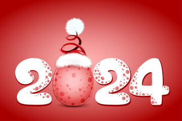 Cartoon red dragon egg in Santa hat, 2023 new year number. Christmas, new year concept