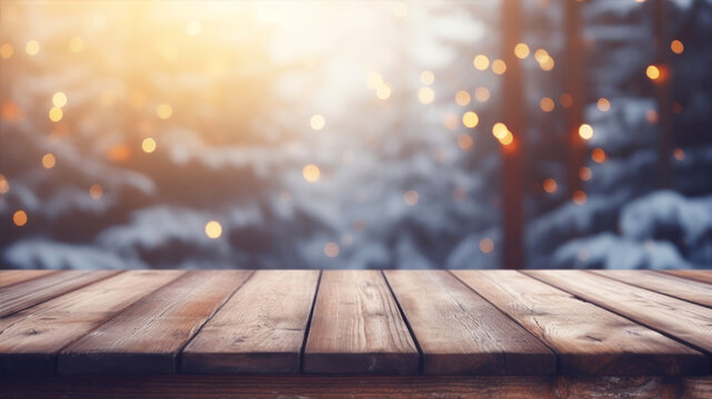 Wooden table background with bokeh lights. Christmas and New Year concept.