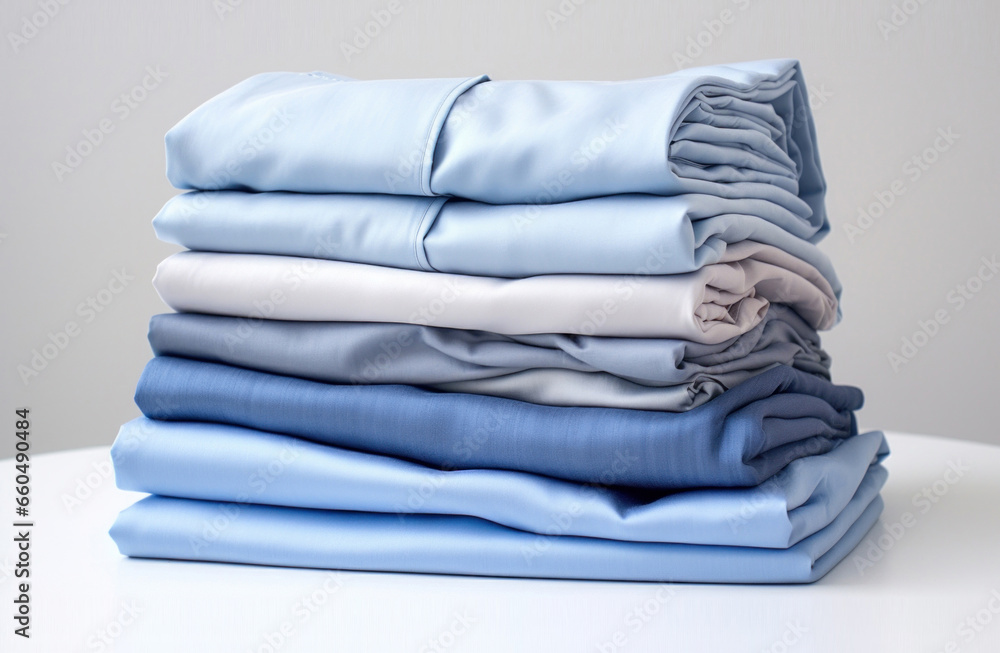 Poster folded clothes in stacks of various simple blue placed on a table on a light background