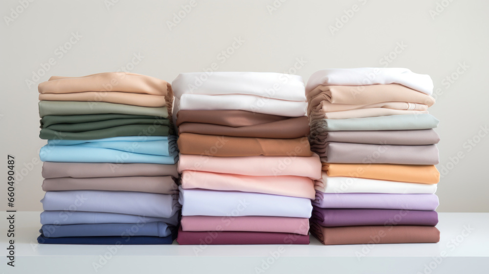 Aufkleber folded clothes in stacks of various simple colors placed on a table on a white background