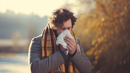 Young man suffering from allergies or the flu blows his nose or sneezes into a handkerchief against the autumn park background - obrazy, fototapety, plakaty