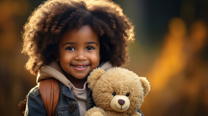 A cute little girl looks at the camera, smiles and play with toy bear - obrazy, fototapety, plakaty
