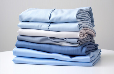 Folded clothes in stacks of various simple blue placed on a table on a light background