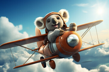 Cute koala animal flying by plane in the sky 3d rendering - obrazy, fototapety, plakaty