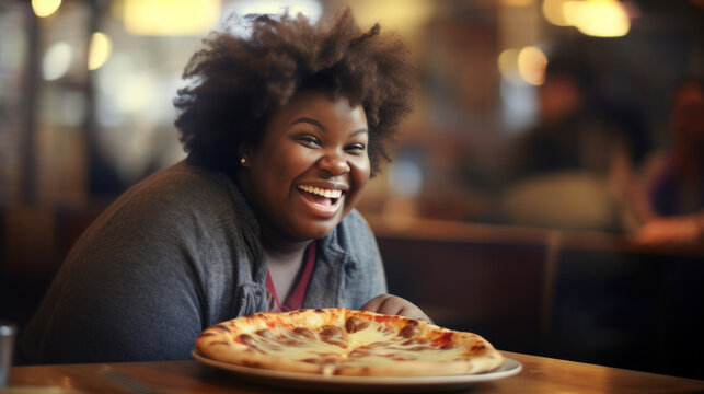 Happy woman in restaurant or cafe with pizza