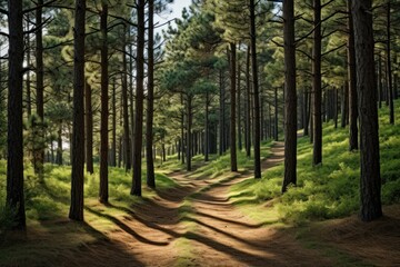 Serene pine forest landscape with winding path, dappled sunlight, and vibrant foliage.