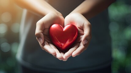 Hands holding red heart shape with nature green background.