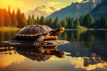 turtles on the shore of the lake
