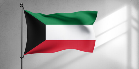 Kuwait national flag cloth fabric waving on beautiful sky Background.