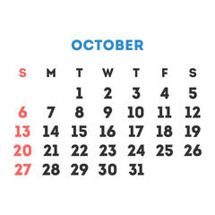 October 2024 month calendar. Vector illustration.