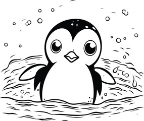 Cute penguin swimming in the sea. Black and white vector illustration.
