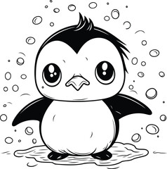 Cute penguin in the rain. Vector illustration for coloring book.