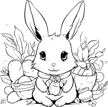 Easter bunny with eggs and flowers. Vector illustration for coloring book.