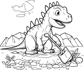 Cute cartoon dinosaur with a shovel. Vector illustration for coloring book.