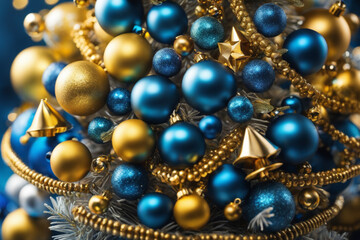 golden christmas balls on blue background