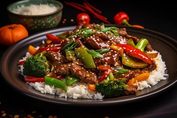 Tasty stir fry with beef, vegetables, and rice. Generative AI