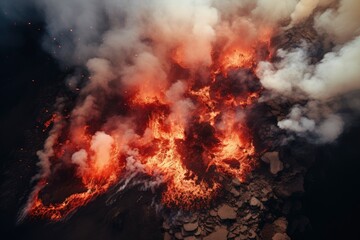 Aerial toxic smoke and fire volcanic eruption Iceland. Exploring wilderness. The lava lake inside the crater. An active volcano belches smoke and ash into the sky. The lava lake inside the crater