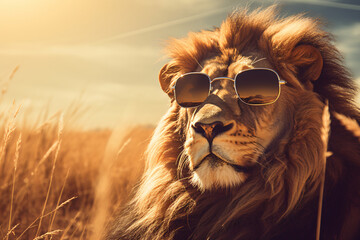a lion wearing sunglasses - obrazy, fototapety, plakaty
