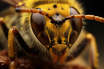 A close-up image of a bee with the head of the bee clearly visible.