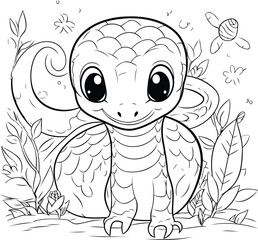 Cute baby snake coloring book page for kids. Vector illustration.