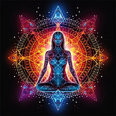Fototapeta na wymiar silhouette of a person in yoga position spiritual awakening chakra new age - by generative ai