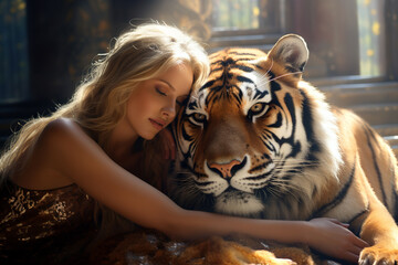 Image of beautiful woman and big tiger expressing friendship. Animal. Illustration, Generative AI. - obrazy, fototapety, plakaty