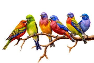 Image of group of painted bunting birds on a branch on a white background. Birds. Animals. Illustration, Generative AI.