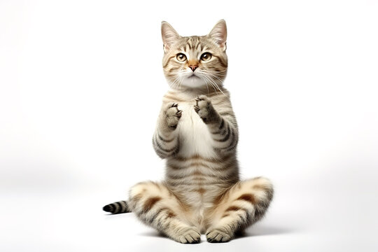 Image of cute cat doing yoga on white background. Pet, Animals, Illustration, Generative AI.