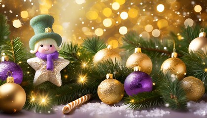 Vue rapprochée de belles branches de sapin avec des boules dorées, mauves, une étoile en pâte à sel avec une gosse écharpe verte et un bonnet de lutin, des sucres d'orge et lumières de Noël. - obrazy, fototapety, plakaty