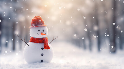 Fototapeta premium snowman winter background snowy December red scarf - by generative ai
