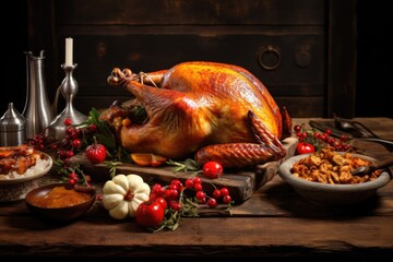 Roasted Thanksgiving turkey on festive wooden table on black background