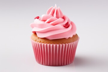 delicious pink cupcake with sprinkles on white background