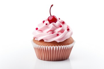 delicious pink cupcake with sprinkles and cherry on white background
