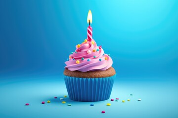 delicious pink cupcake with sprinkles and candle on blue background