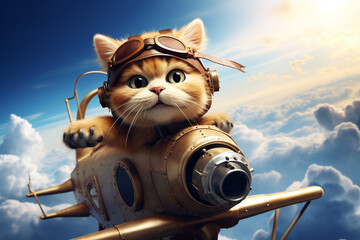 a cute cat flying by plane in the sky 3d rendering - obrazy, fototapety, plakaty