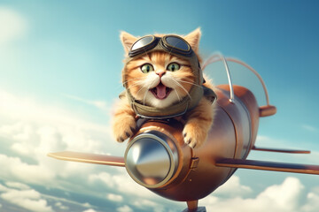Naklejka na ściany i meble a cute cat flying by plane in the sky 3d rendering