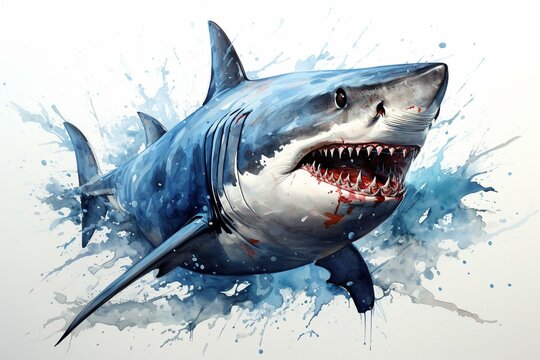 Artwork of a fierce shark painted with watercolors, set against a pure white backdrop. Generative AI