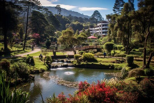 Beautiful Burnham Park in Baguio City surrounded by mountains. Generative AI