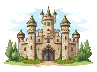 Fototapeta na wymiar A medieval castle. It is located on a hill and there is a green landscape around it. Front elevation view. 2D flat illustration image.