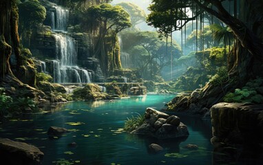 Tranquil Waterfall Paradise Amidst Dense Lush Forest.
