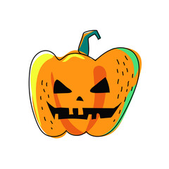 Halloween pumpkin with an evil smile. Jack lantern in colorful and bright colors. Creepy facial expression. Hand drawn. Vector illustration isolated.